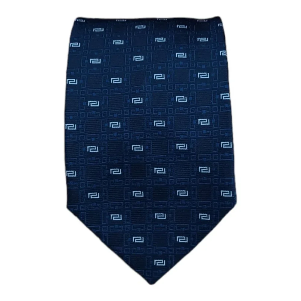 VERSACE Current Blue Geometric Monogrammed Logo Silk Tie ITALY 59
